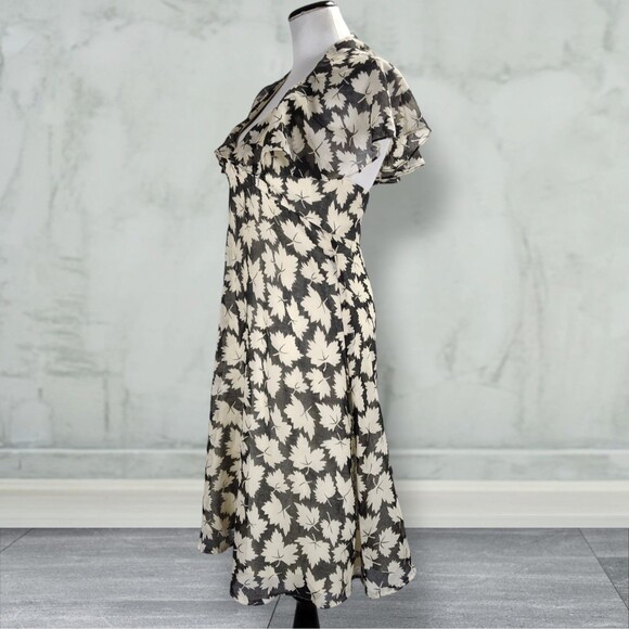 Vintage 70s Backless Halter Midi Dress Size 6 Black Leaf Print Neck Drape - Picture 2 of 15